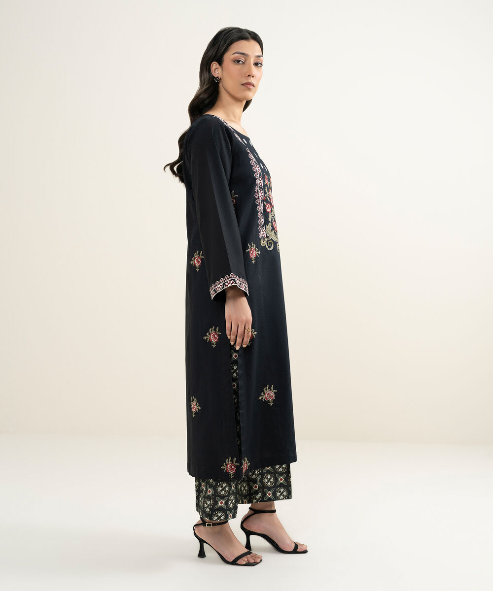 Women's RTW Dobby Embroidered Black Straight Shirt