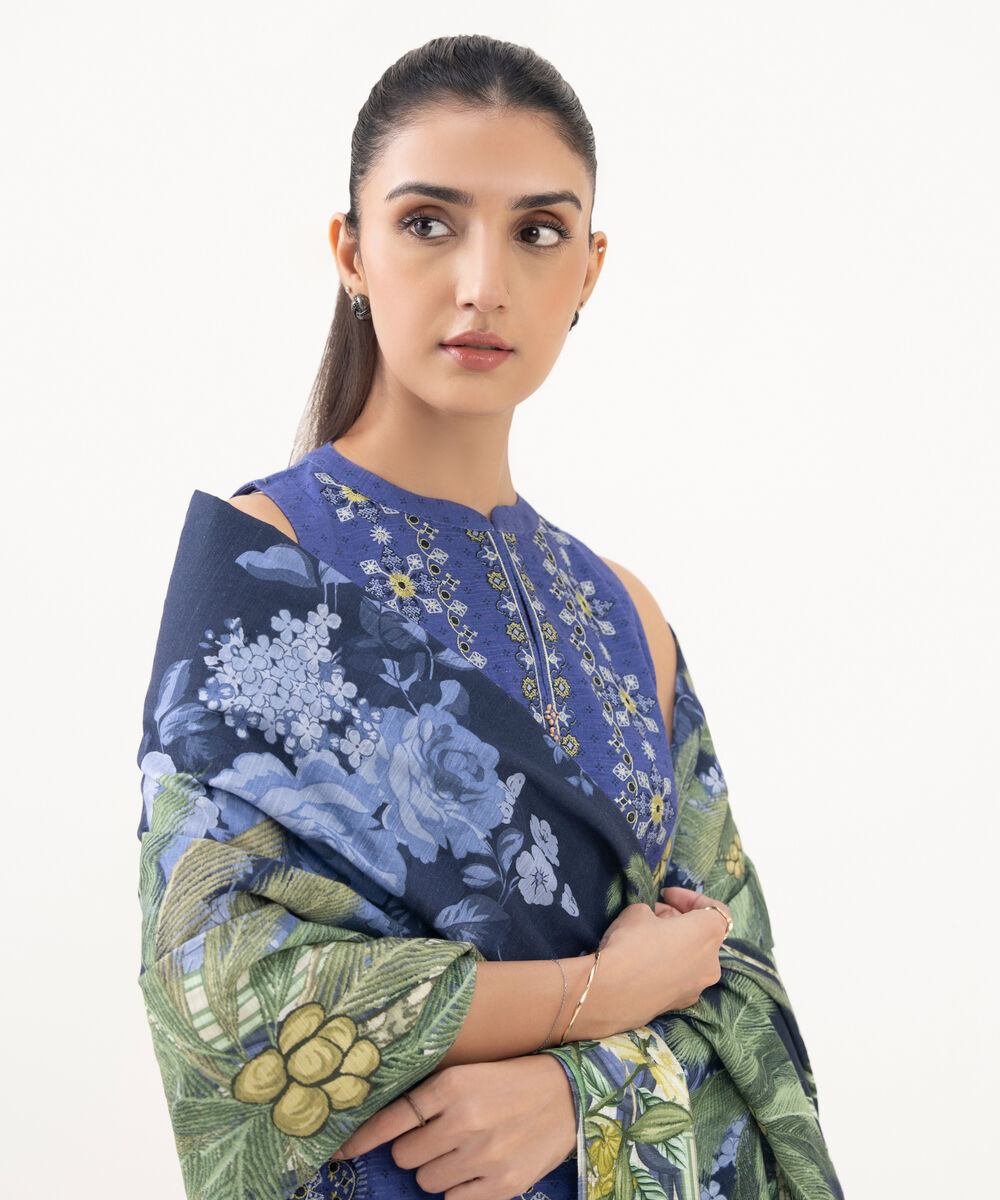Women's Unstitched Khaddar Embroidered Blue  3 Piece Suit