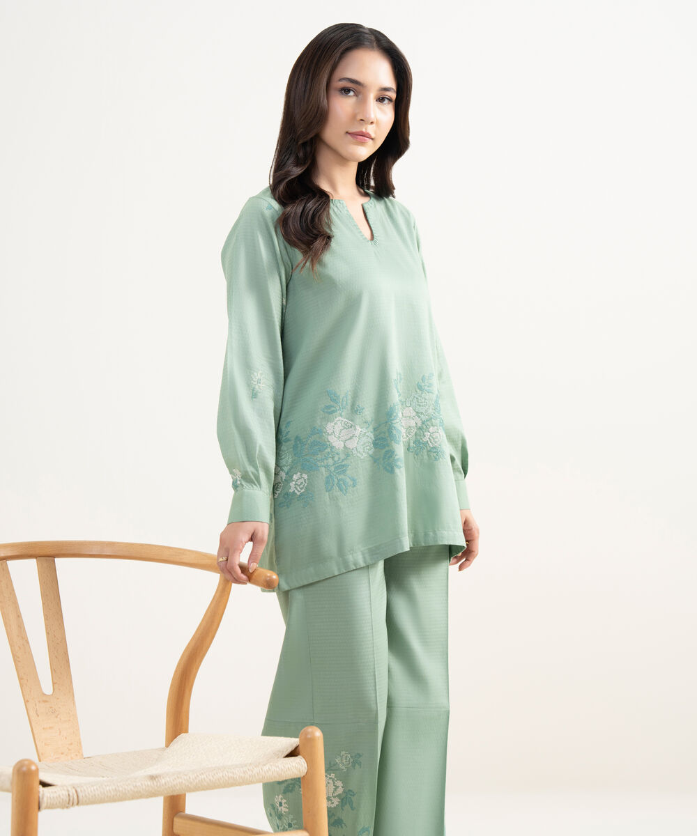 Women's RTW Dobby Embroidered Green Straight Shirt
