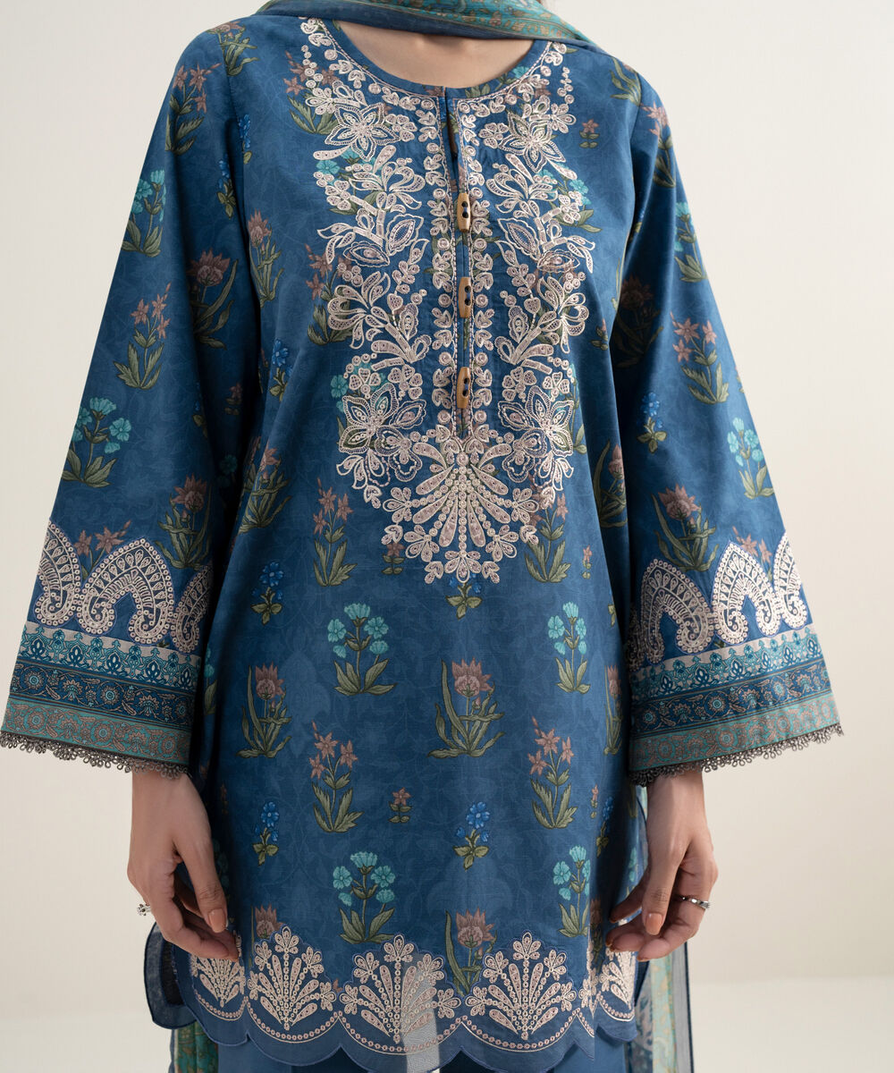 Women's Unstitched Lawn Embroidered Blue 3 Piece Suit