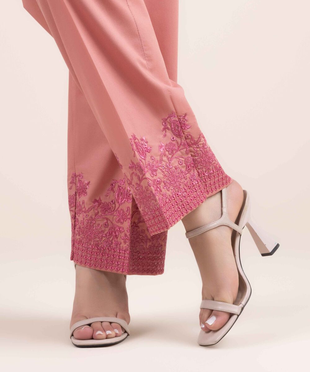 Woman - Pink Embroidered Cambric Straight Pants