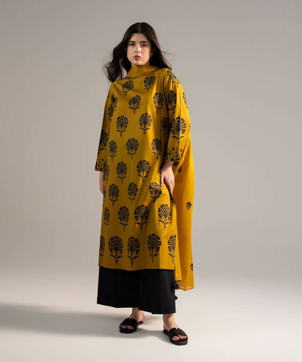 Women's RTW Pima Cotton Printed Mustard Yellow 3 Piece Suit