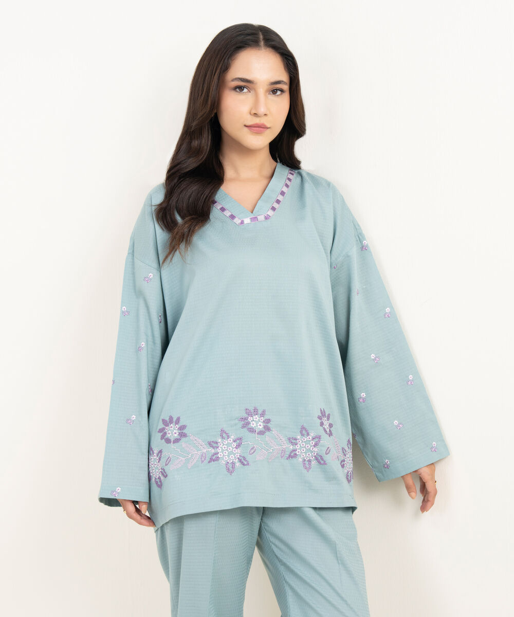 Women's RTW Dobby Embroidered Blue Drop Shoulder Shirt