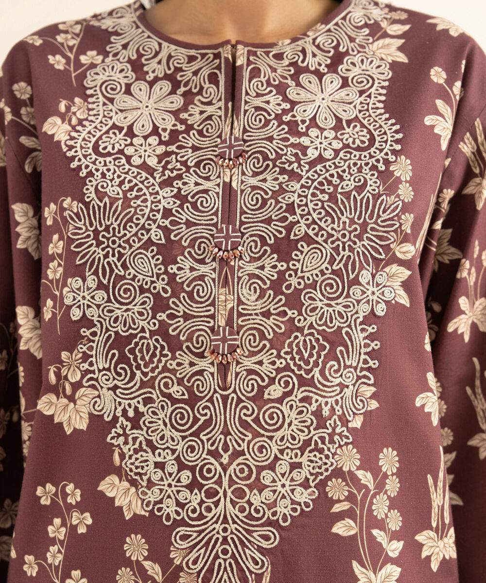 Women's Unstitched Textured Cotton Embroidered Red 2 Piece Suit