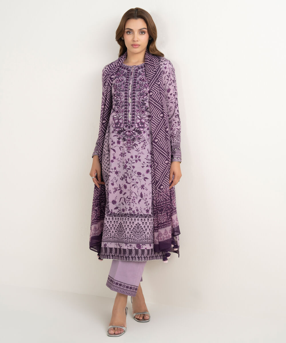 Women's Unstitched Lawn Embroidered Purple 3 Piece Suit
