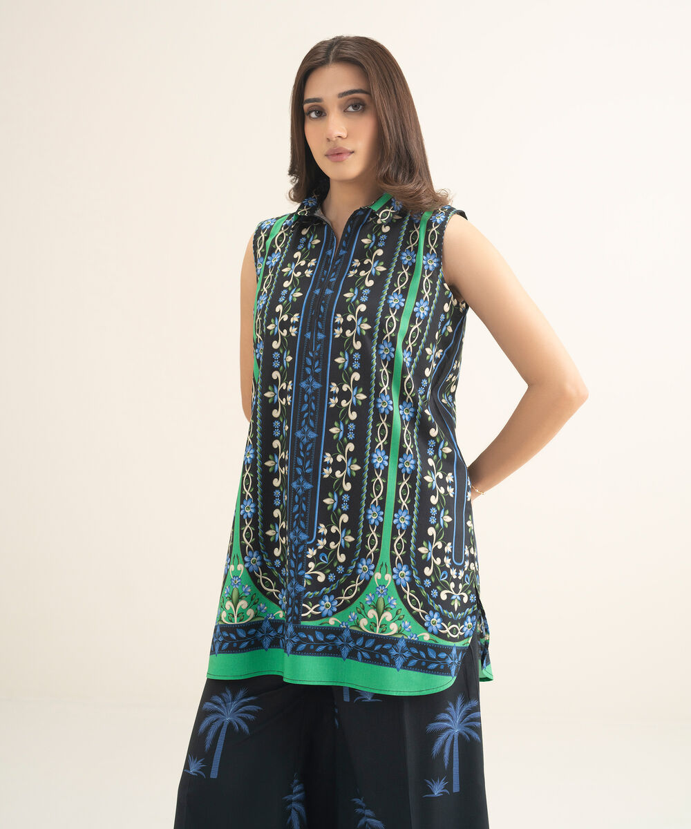 Women's RTW Cotton Viscose Printed Black Straight Shirt