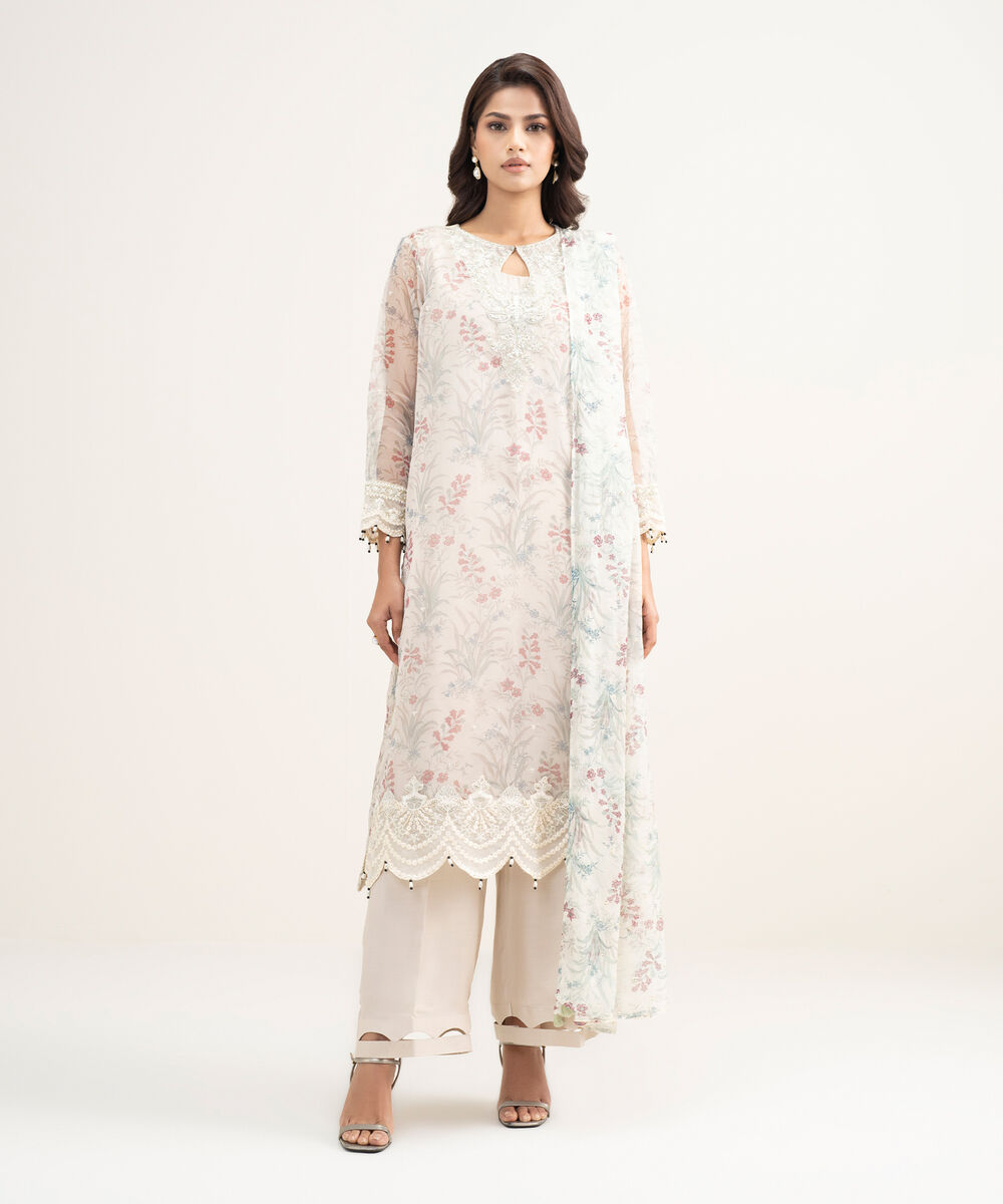 Women's RTW Blended Organza Embroidered Beige 3 Piece Suit