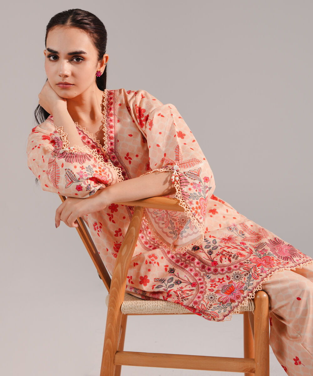 Women's RTW Lawn Printed Peach 2 Piece Suit