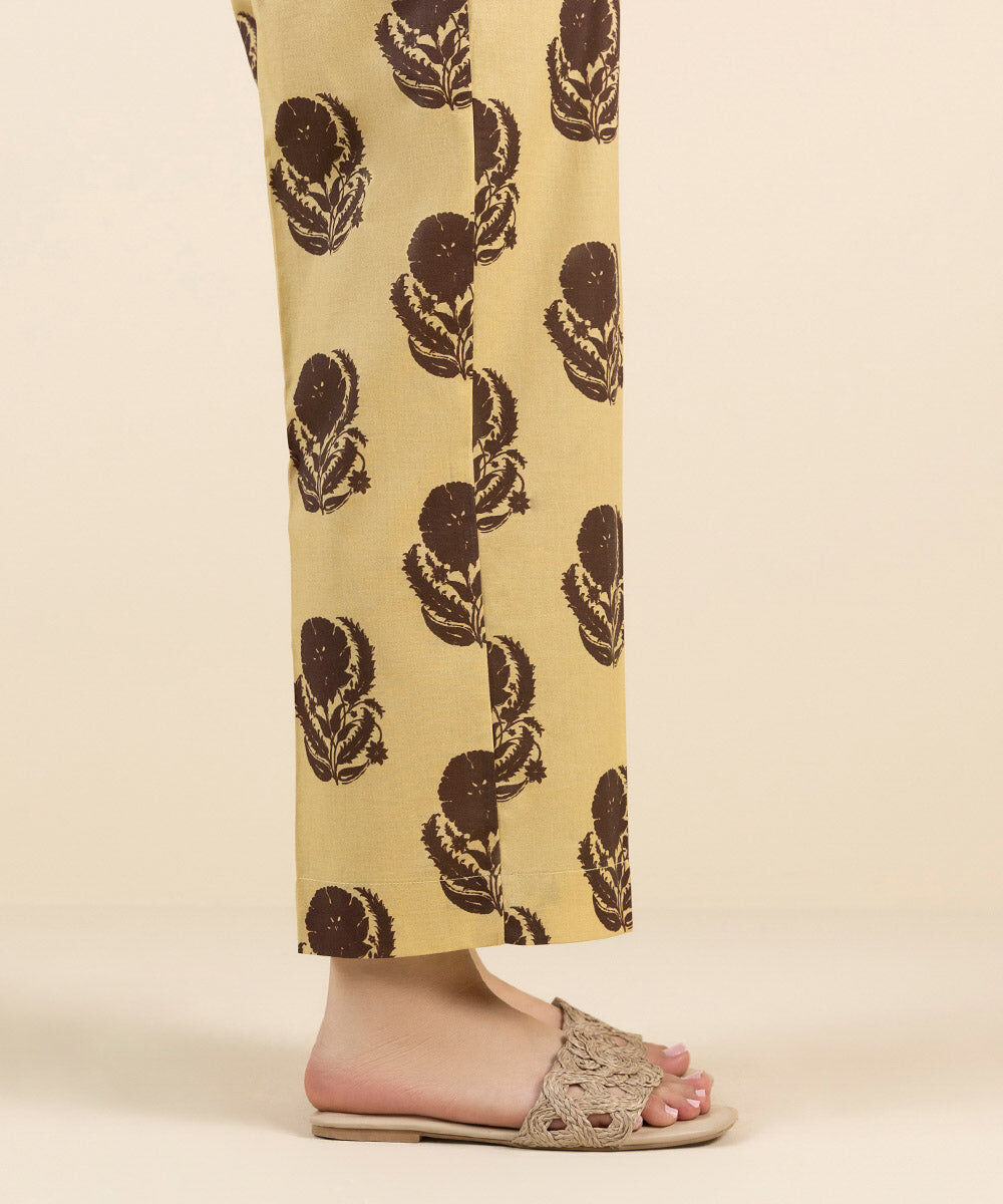 Woman - Beige Printed Cambric Straight Pants