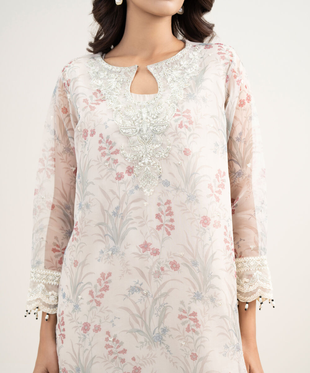 Women's RTW Blended Organza Embroidered Beige 3 Piece Suit