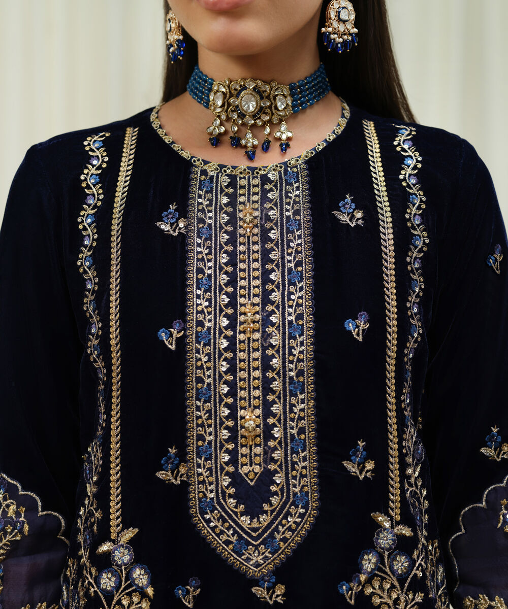 Women's Unstitched Velvet Embroidered Blue 3 Piece Suit