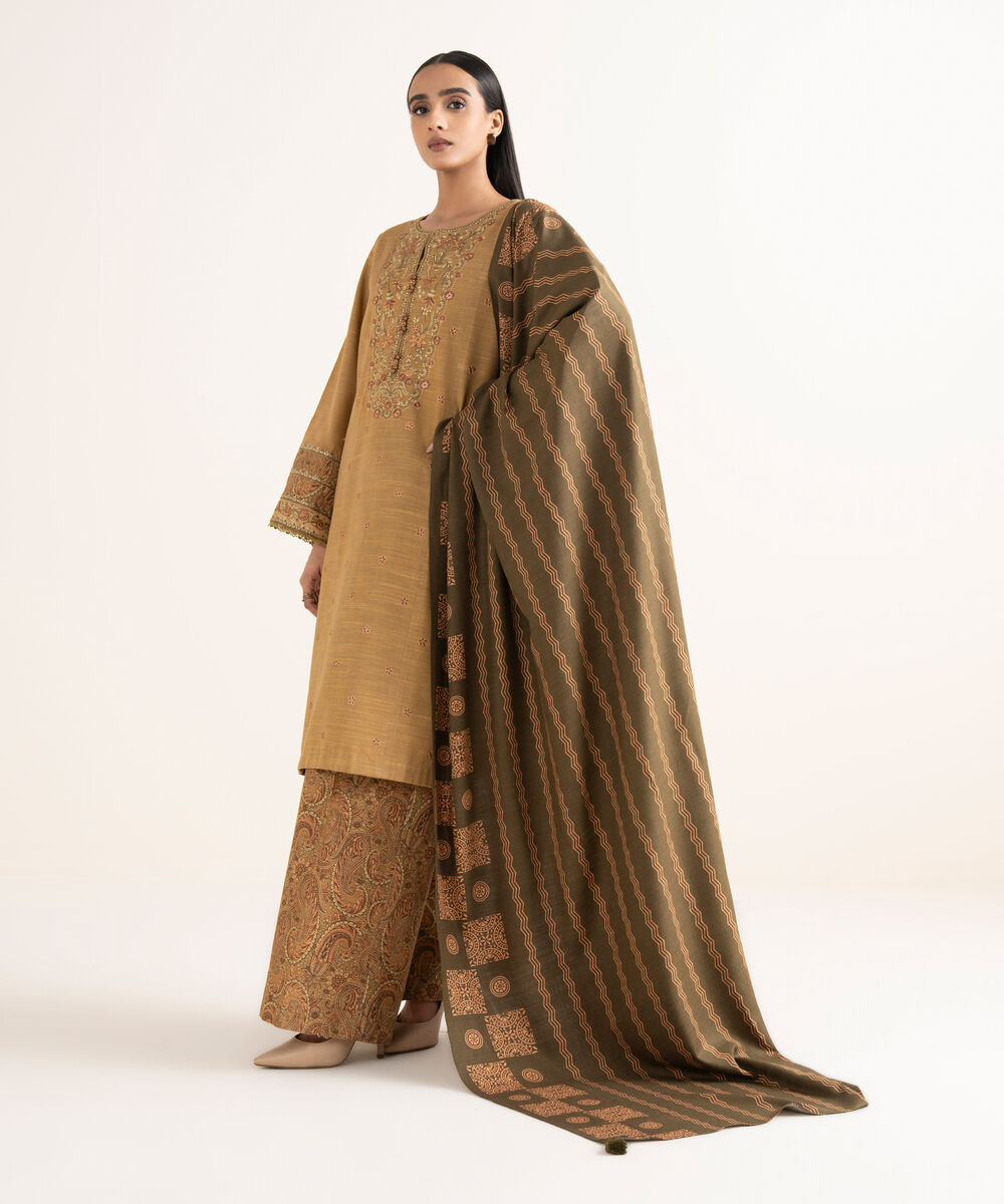 Women's Unstitched Khaddar Embroidered Brown 3 Piece Suit