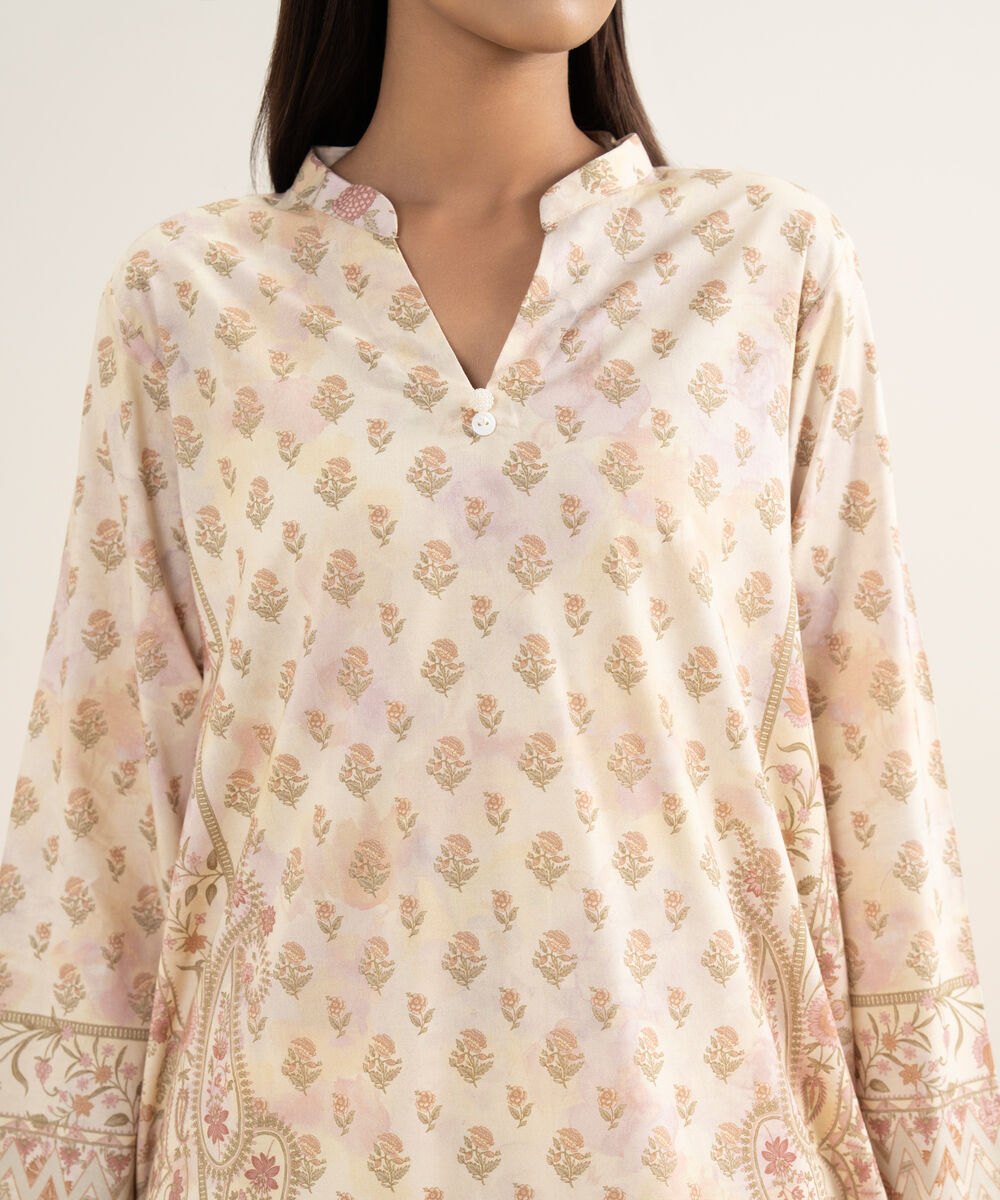 Women's RTW Cotton Viscose Printed Beige Straight Shirt