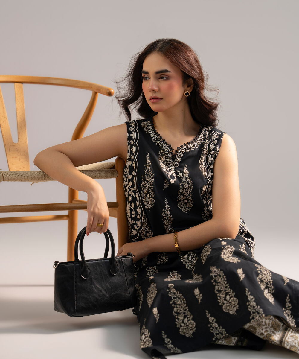 Women's RTW Lawn Embroidered Black Straight Shirt