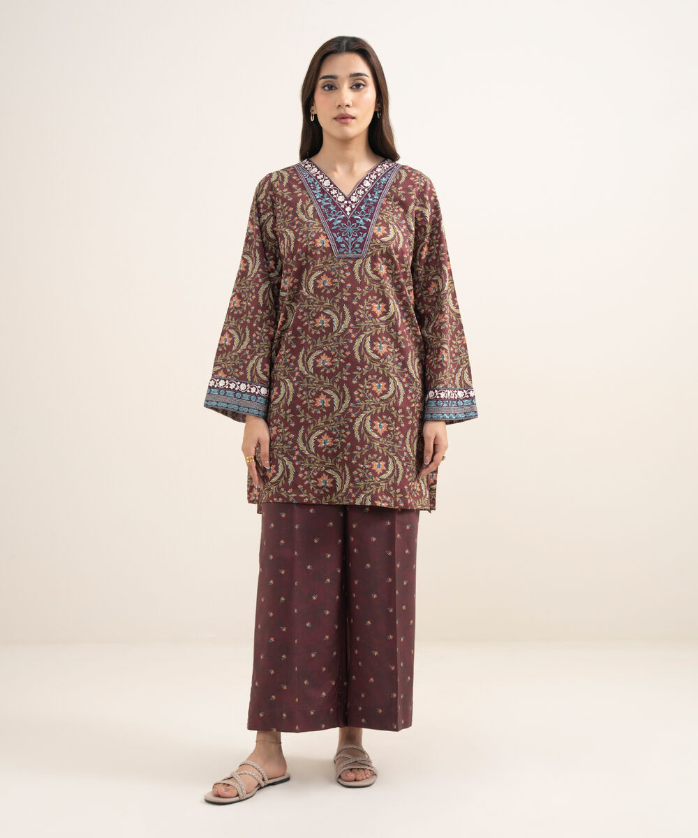 Women's RTW Dobby Embroidered Maroon 2 Piece Suit