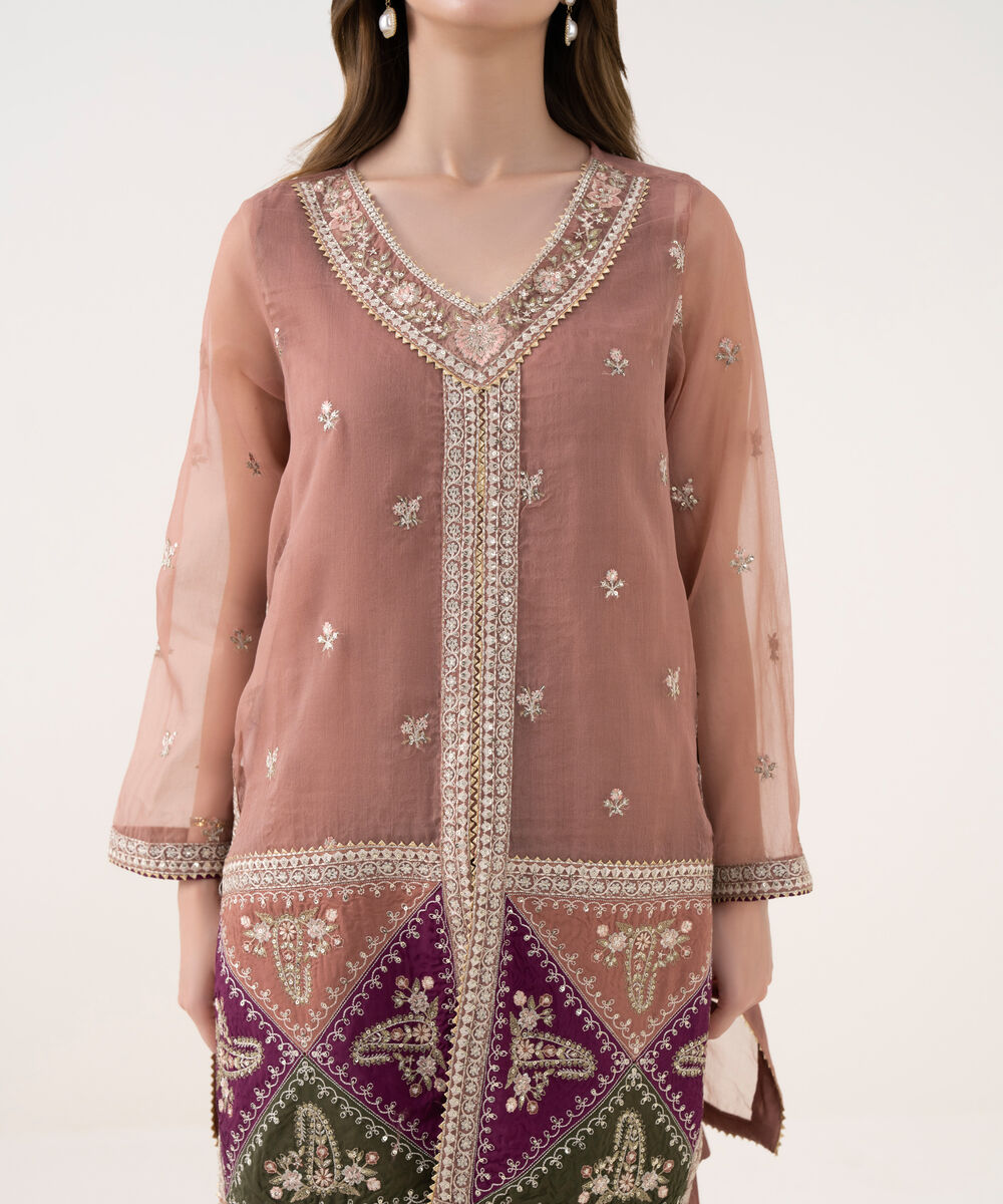 Women's RTW Blended Organza Embroidered Pink 2 Piece Suit