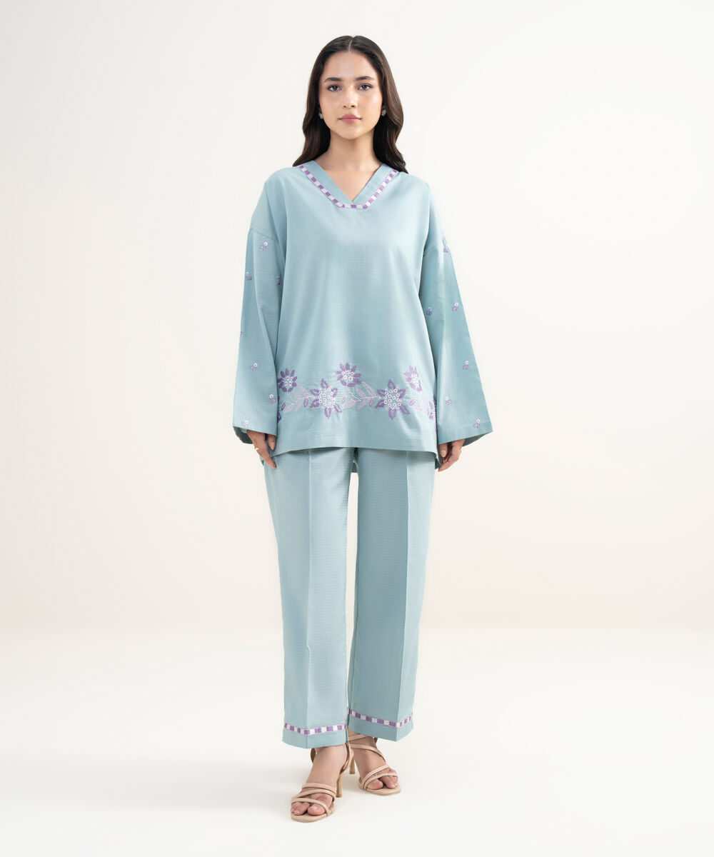 Women's RTW Dobby Embroidered Blue Drop Shoulder Shirt