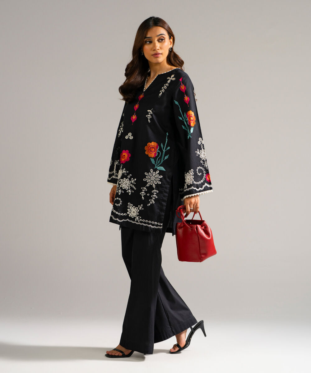 Women's RTW Dobby Embroidered Black Straight Shirt