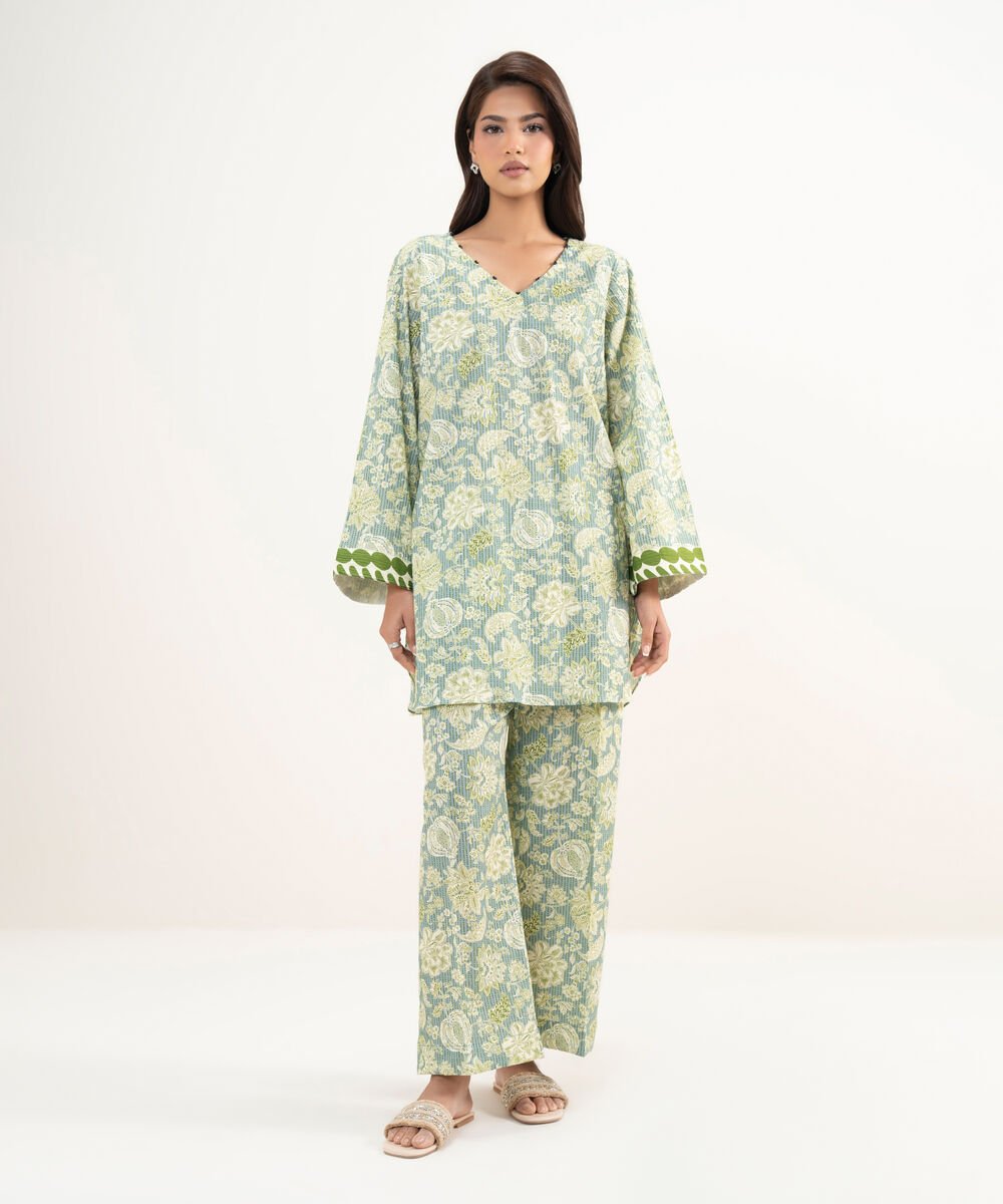 Women's RTW Seersucker Printed Green Straight Shirt