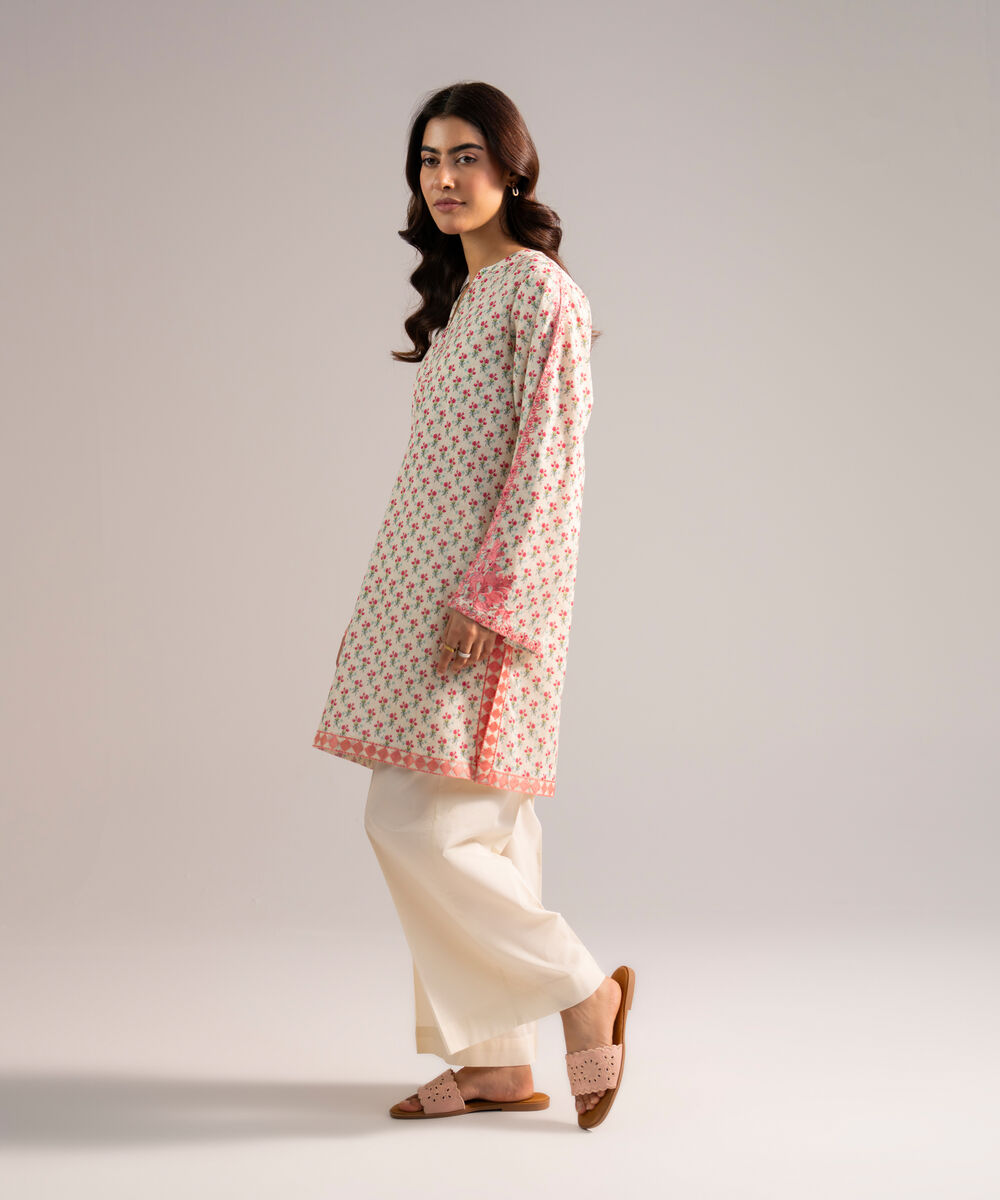 Women's RTW Lawn Embroidered Off White Straight Shirt