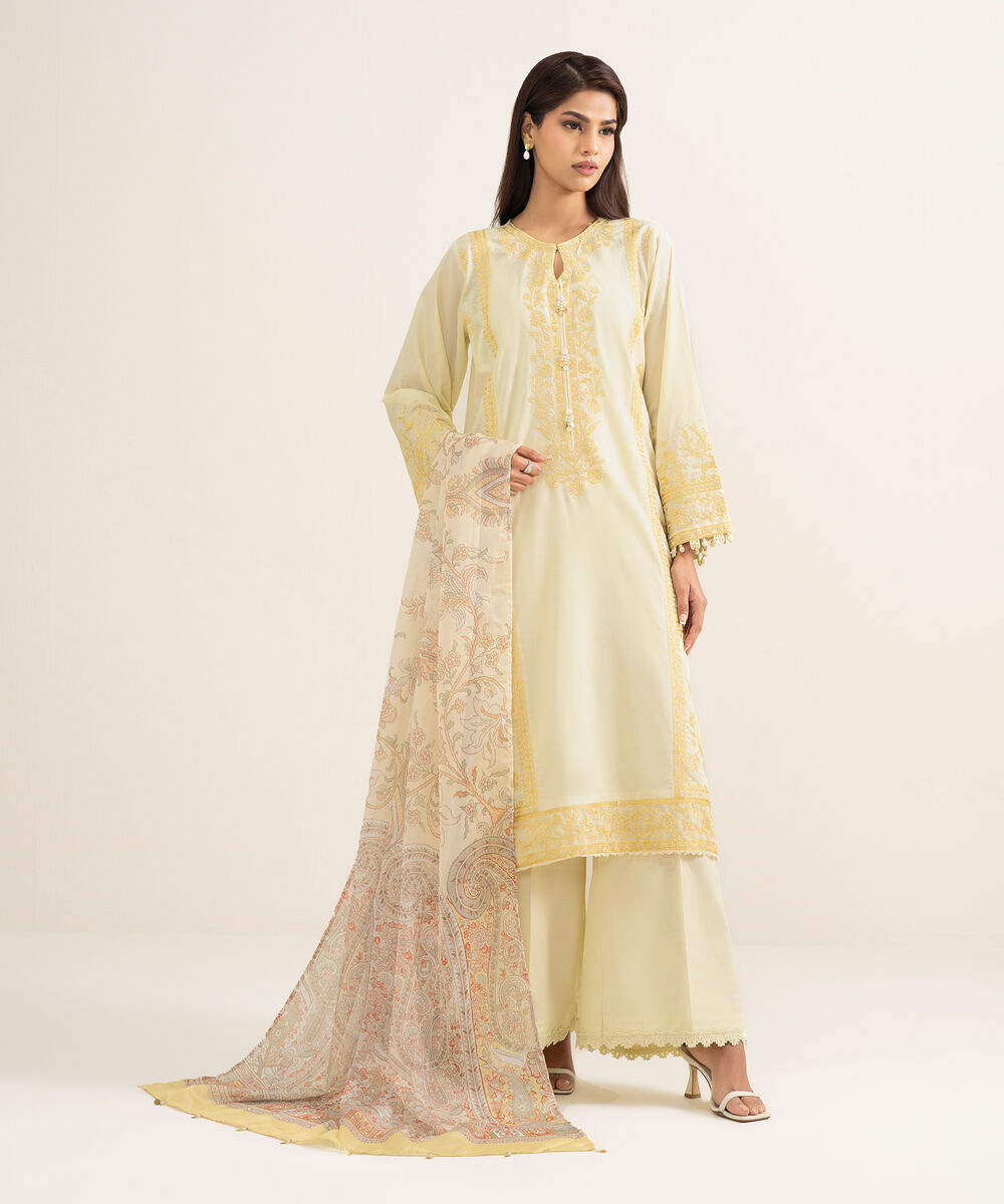 Women's RTW Self Jacquard Embroidered Yellow A-Line Shirt