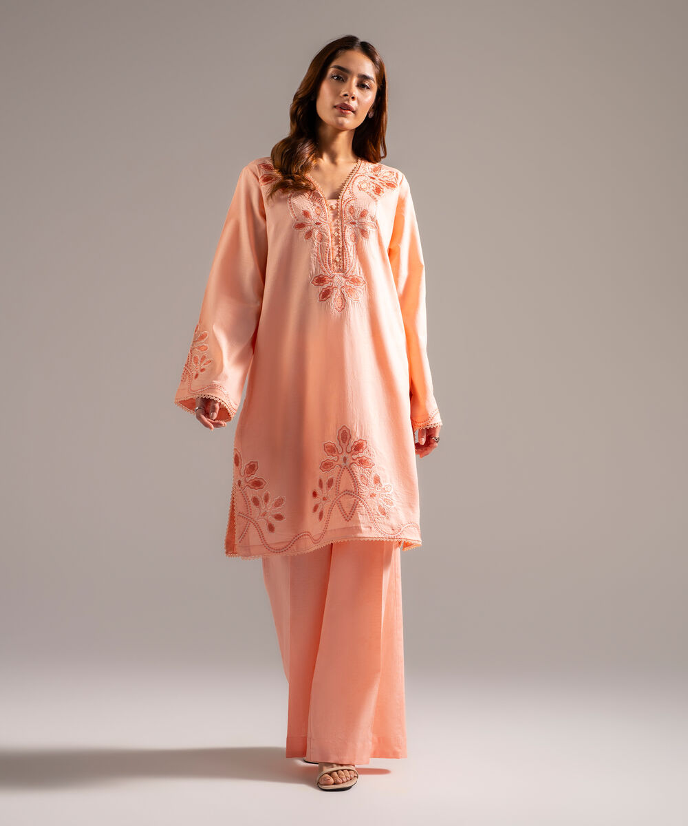 Women's RTW Self Jacquard Embroidered Peach 2 Piece Suit