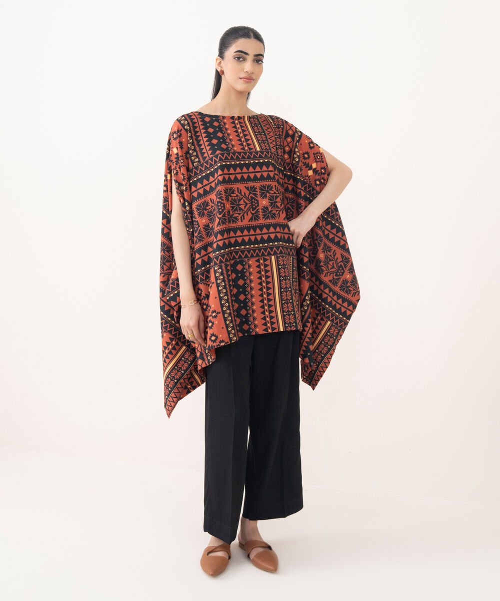 Women's RTW Light Khaddar Rust Printed Kaftaan