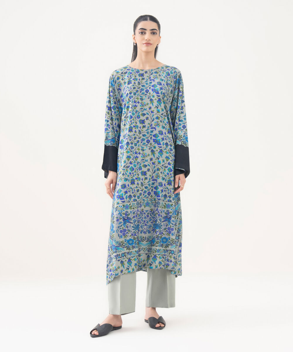 Women's RTW Viscose Linen Green Printed Drop Shoulder Shirt