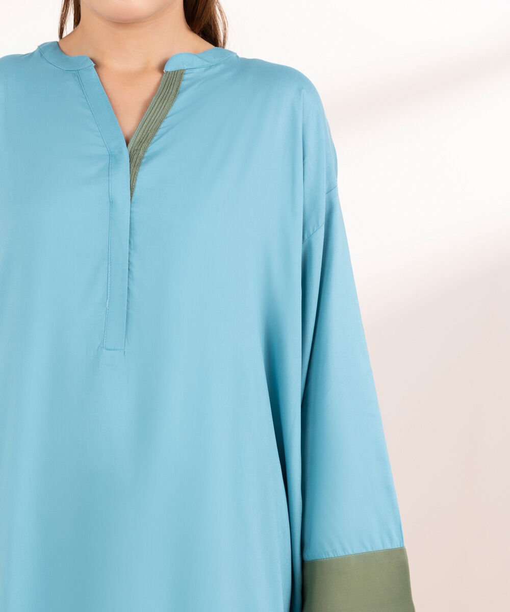 Woman - Blue Solid Arabic Lawn Shirt