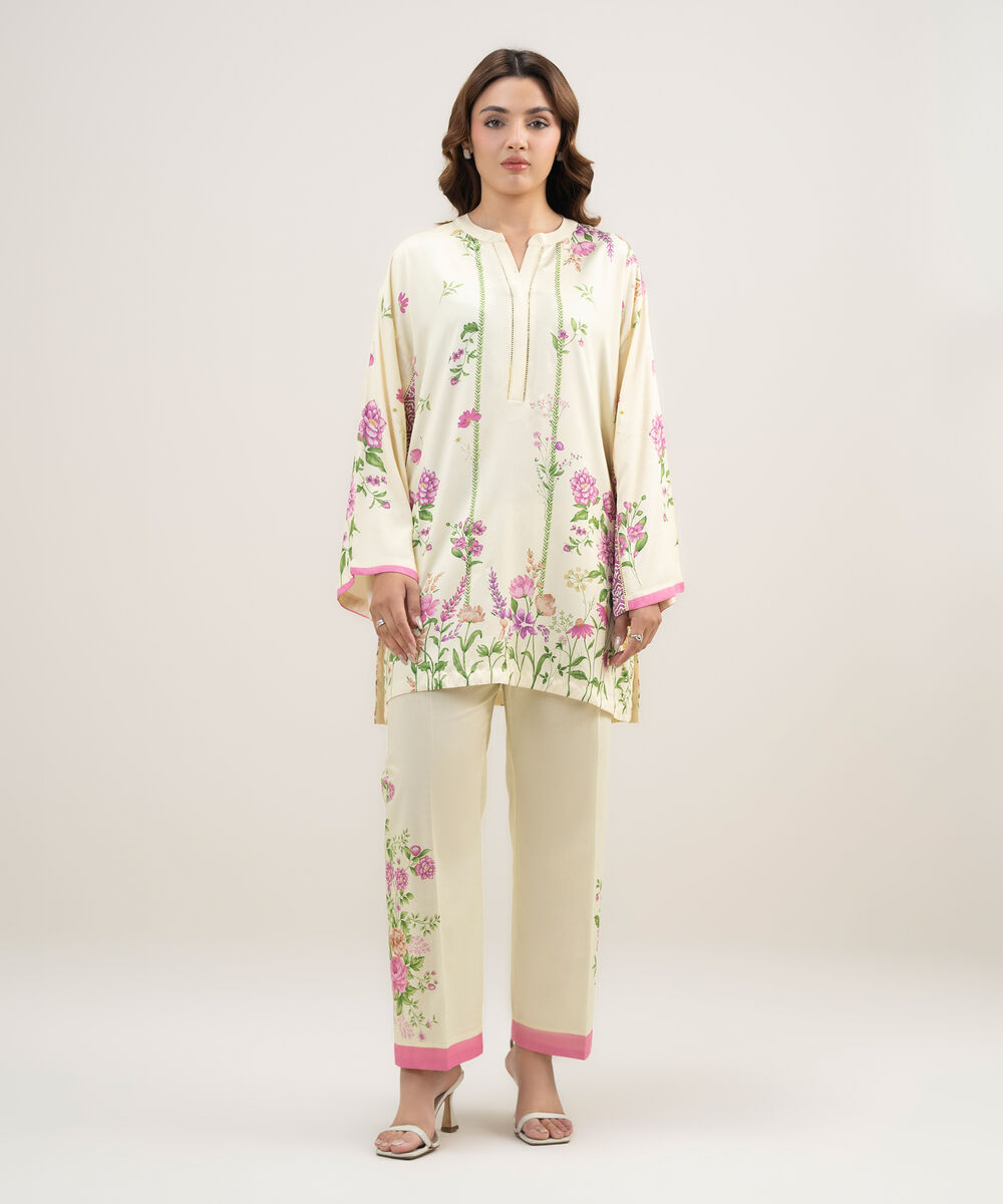 Women's RTW Dobby Printed Pale Yellow 2 Piece Suit