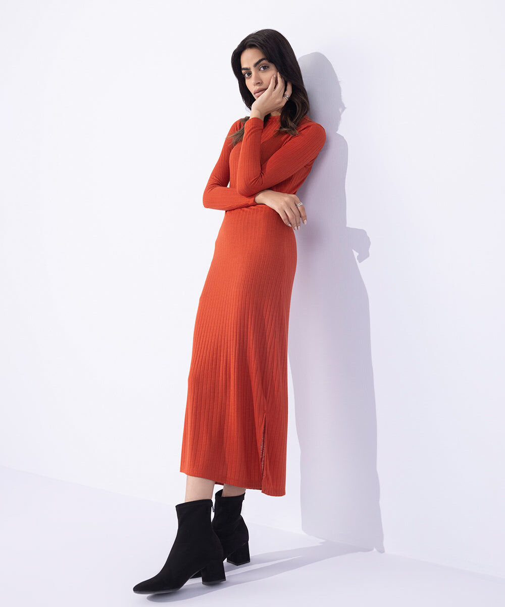 Woman - Orange Jersey Ribbed Dress