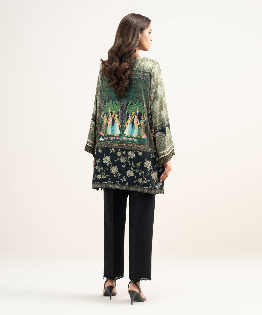 Women's RTW Premium Visocose Satin Printed Green Straight Shirt
