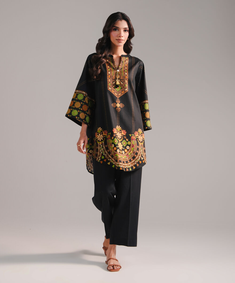 Women's RTW Cotton Viscose Printed Black Straight Shirt