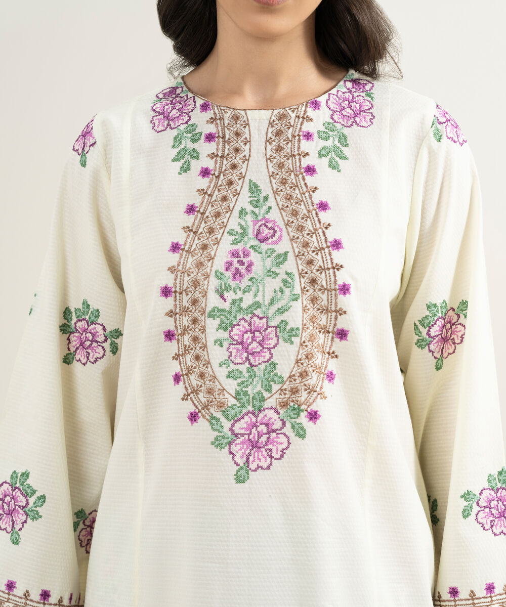 Women's RTW Dobby Embroidered Off White Straight Shirt