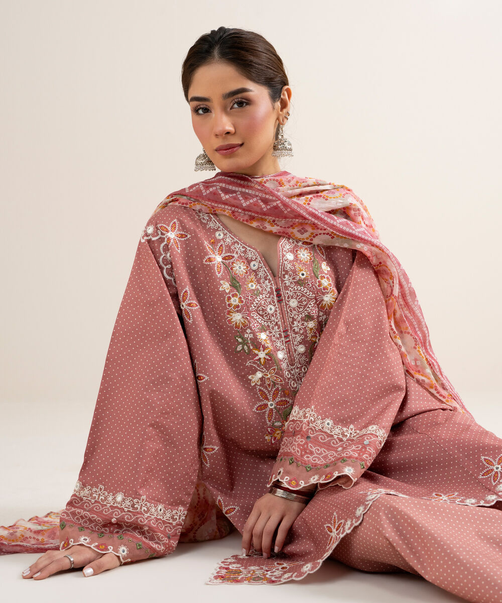Women's Unstitched Lawn Embroidered Pink 3 Piece Suit