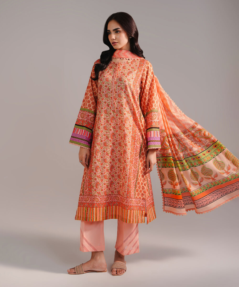 Women's RTW Lawn Printed Peach 3 Piece Suit