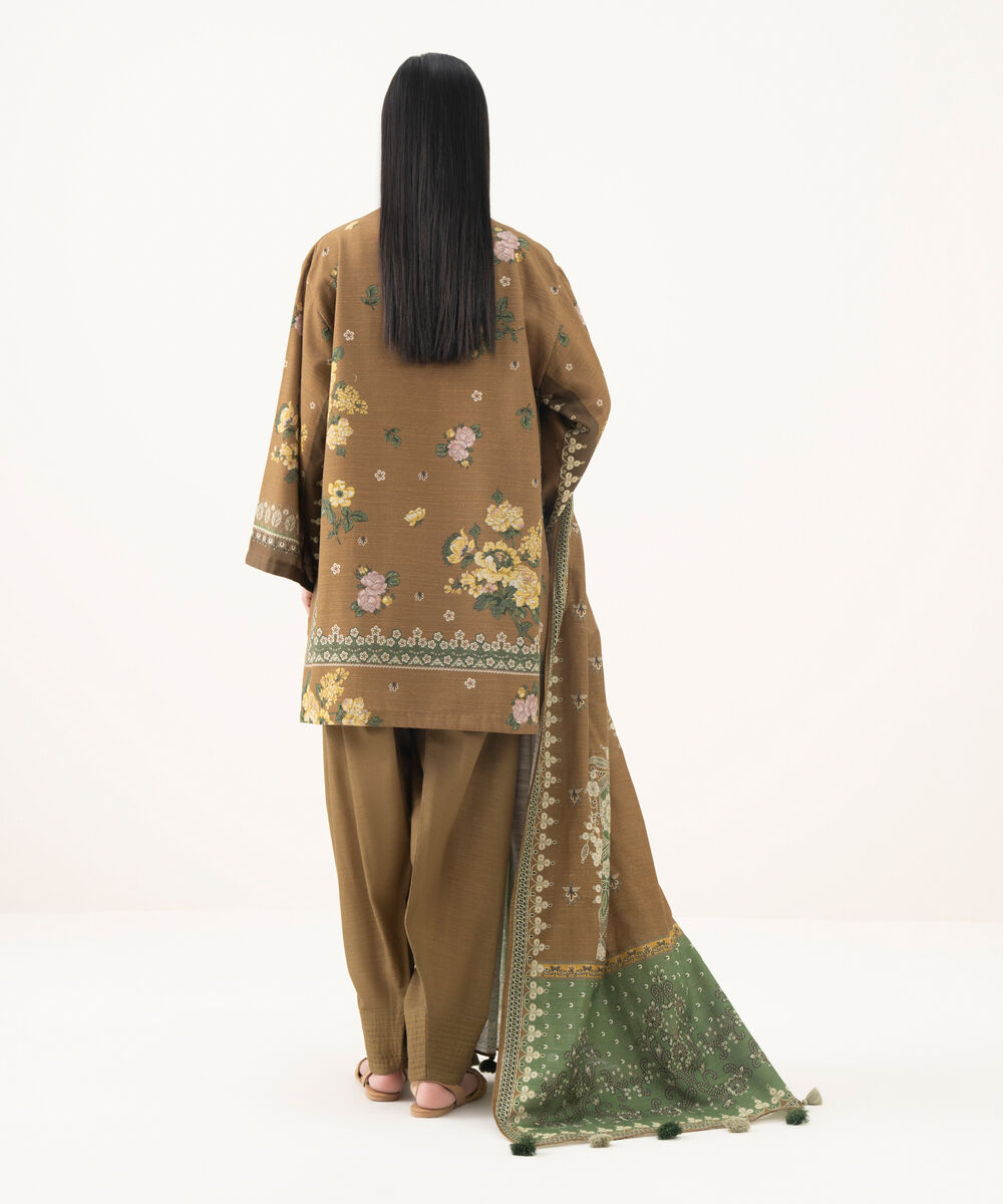 Women's Unstitched Light Khaddar Embroidered Brown 3 Piece Suit