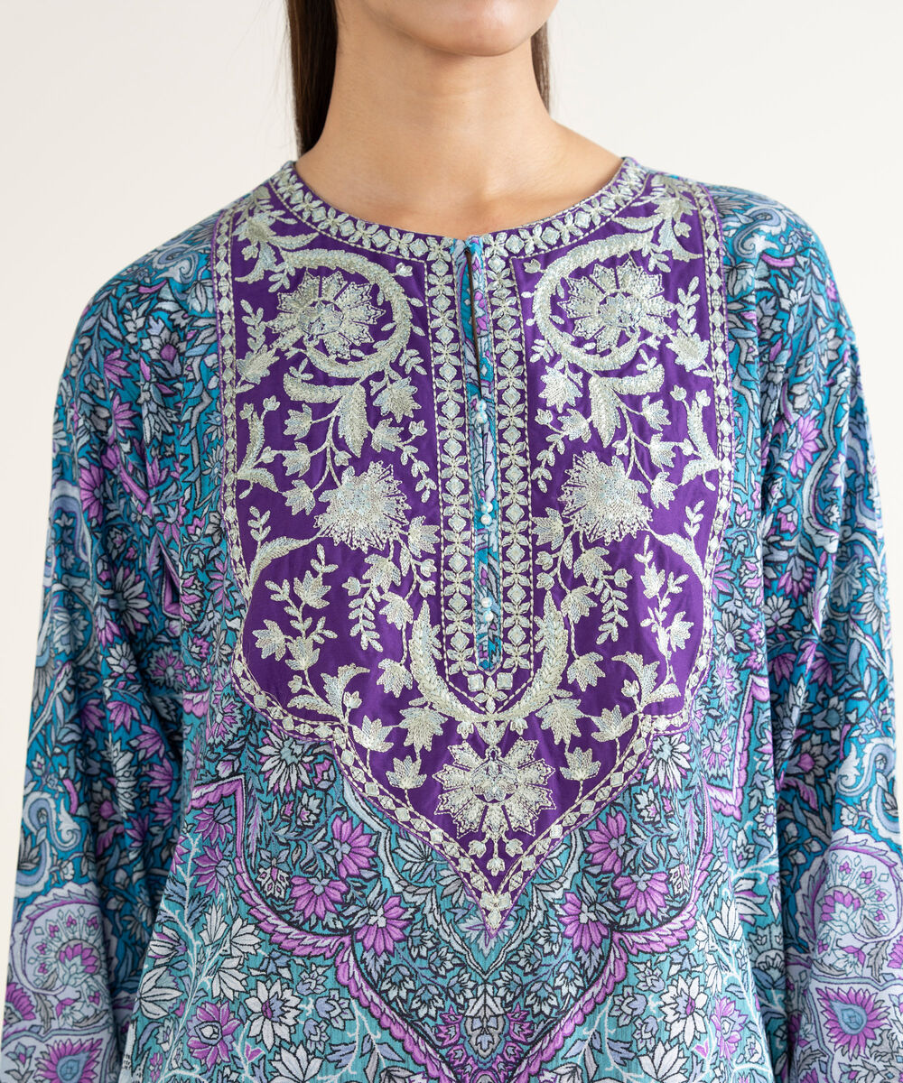 Women's RTW Linen Viscose Embroidered Blue A-Line Shirt