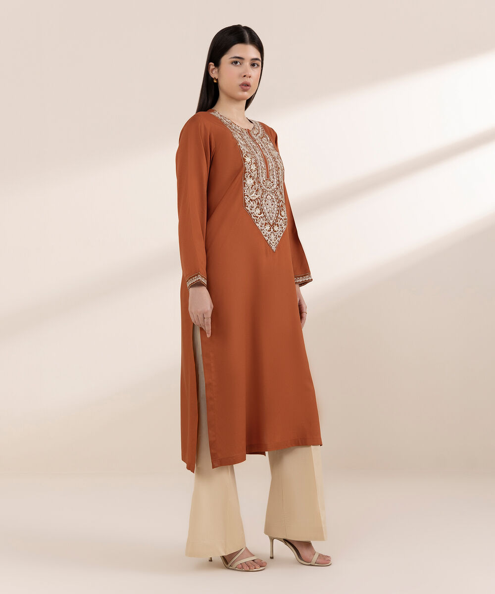 Women's RTW Arabic Lawn Orange Embroidered A-Line Shirt
