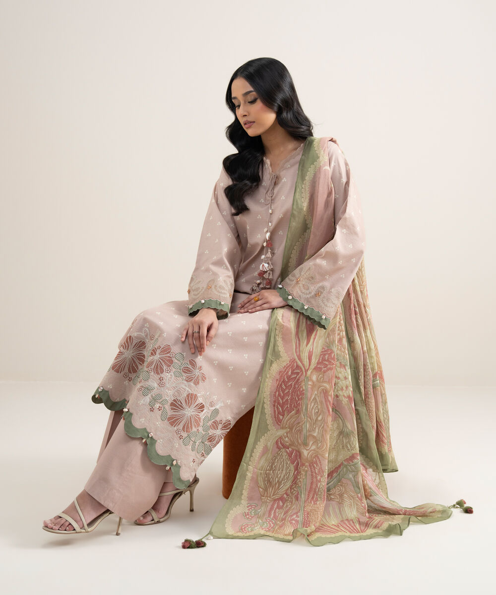 Women's Unstitched Dobby Embroidered Tea Pink 3 Piece Suit