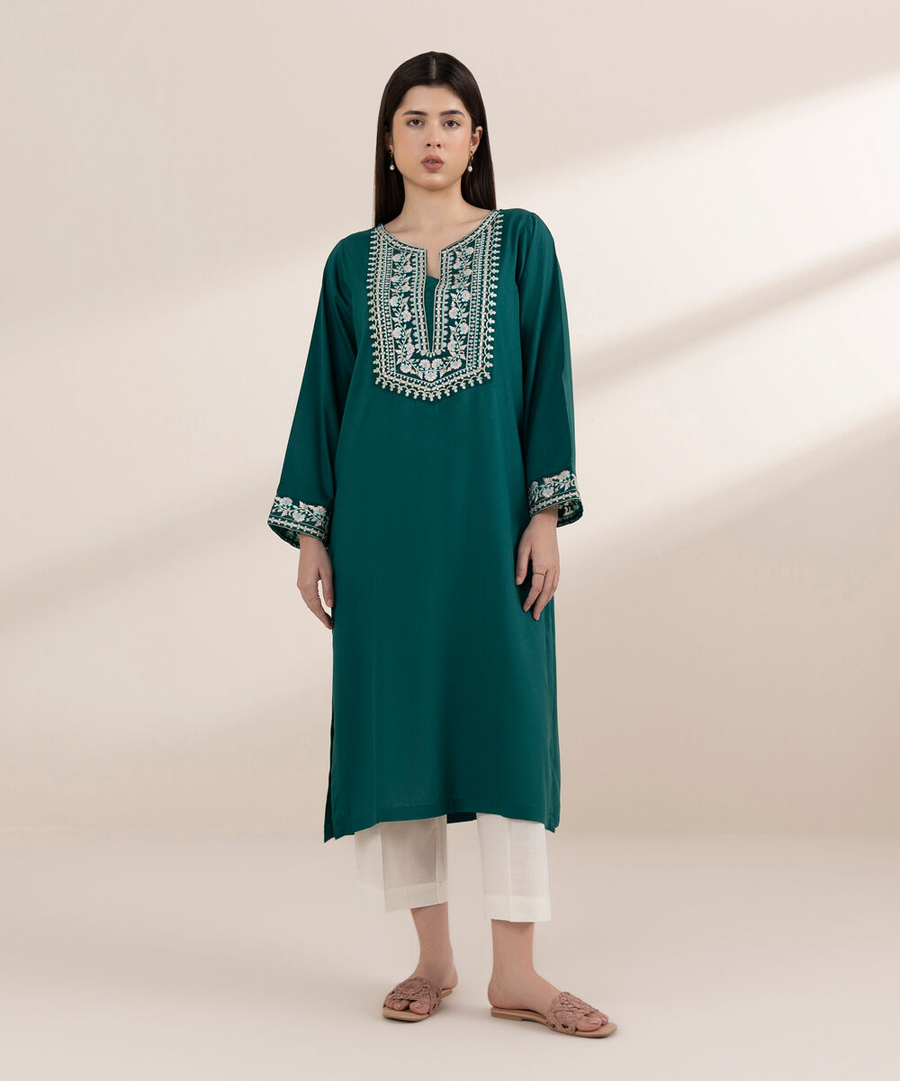 Women's RTW Arabic Lawn Green Embroidered A-Line Shirt