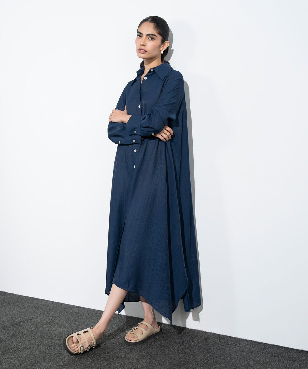 Women's Western Navy Textured Button Through Dress