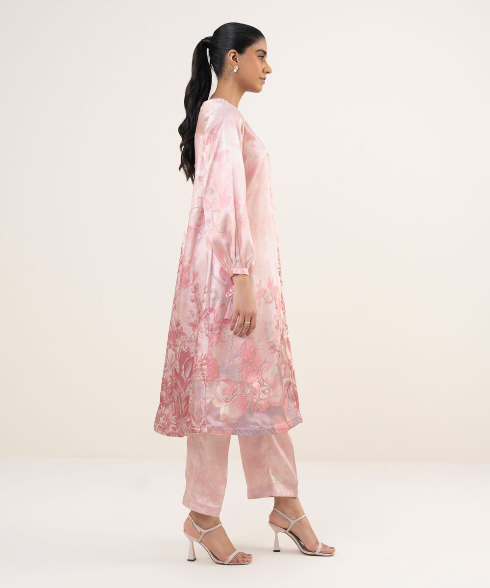 Women's RTW Blended Satin Pink Printed 2 Piece Suit