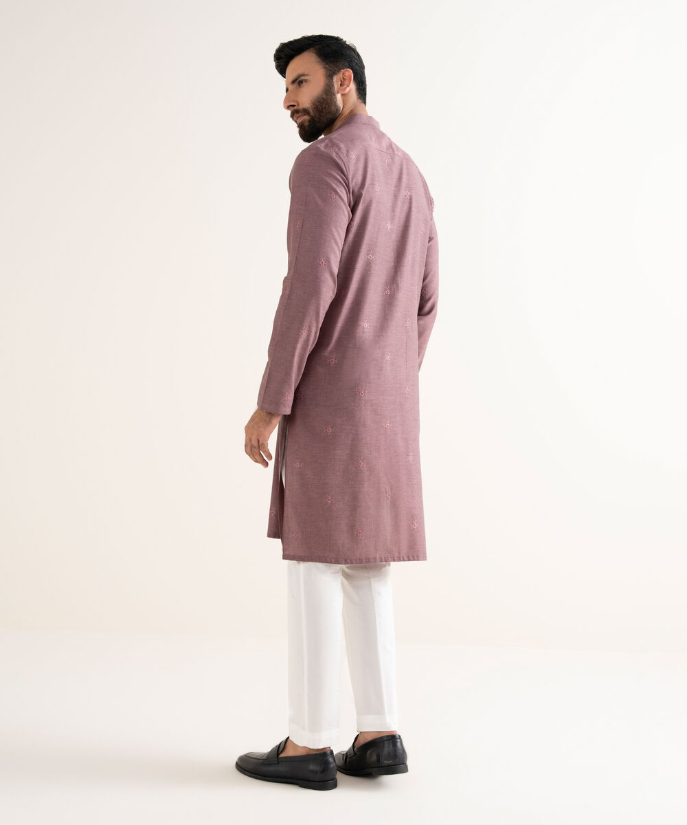 Men's Yarndyed Wash & Wear Embroidered Purple Kurta