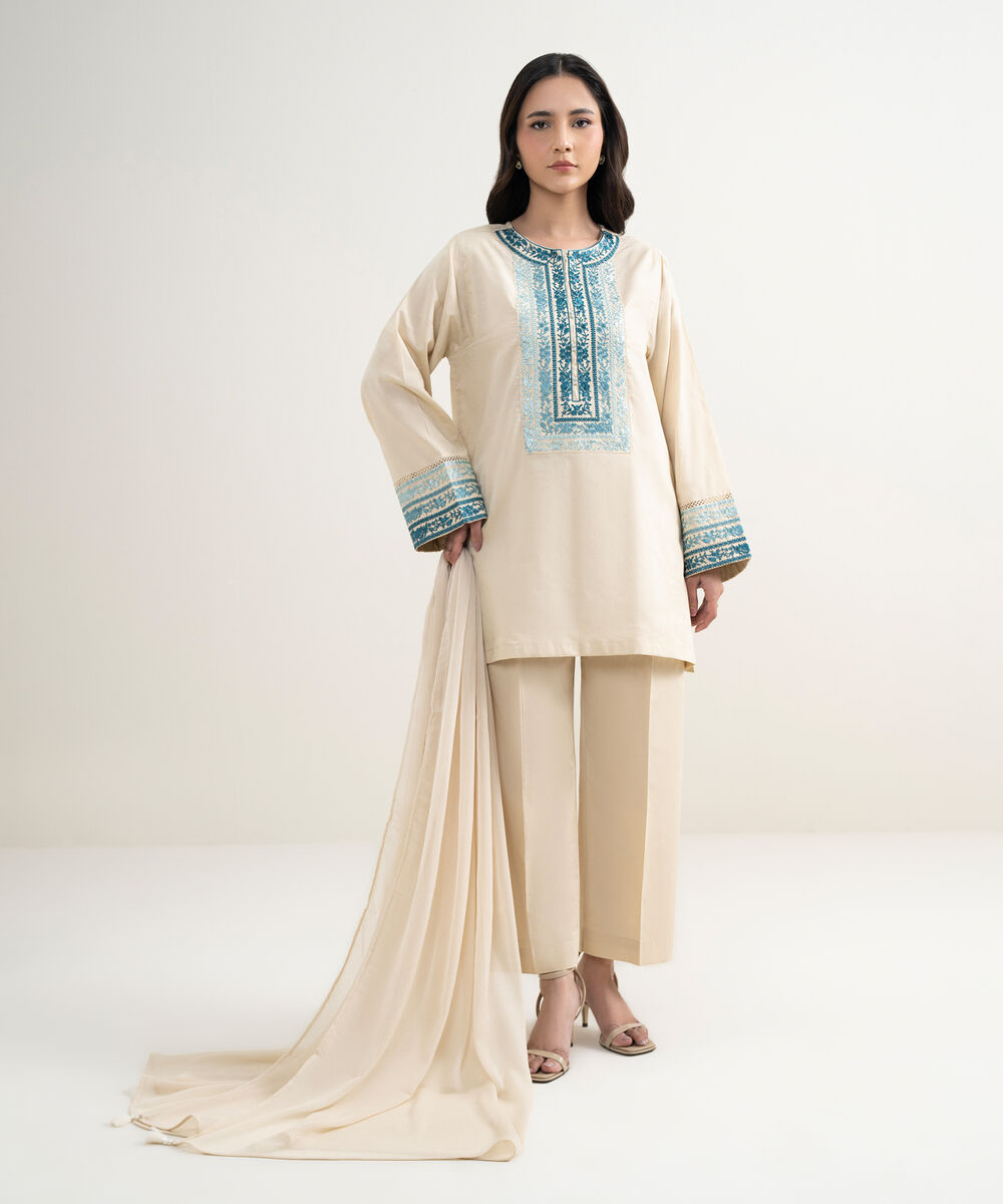 Women's RTW Self Jacquard Embroidered Beige 3 Piece Suit