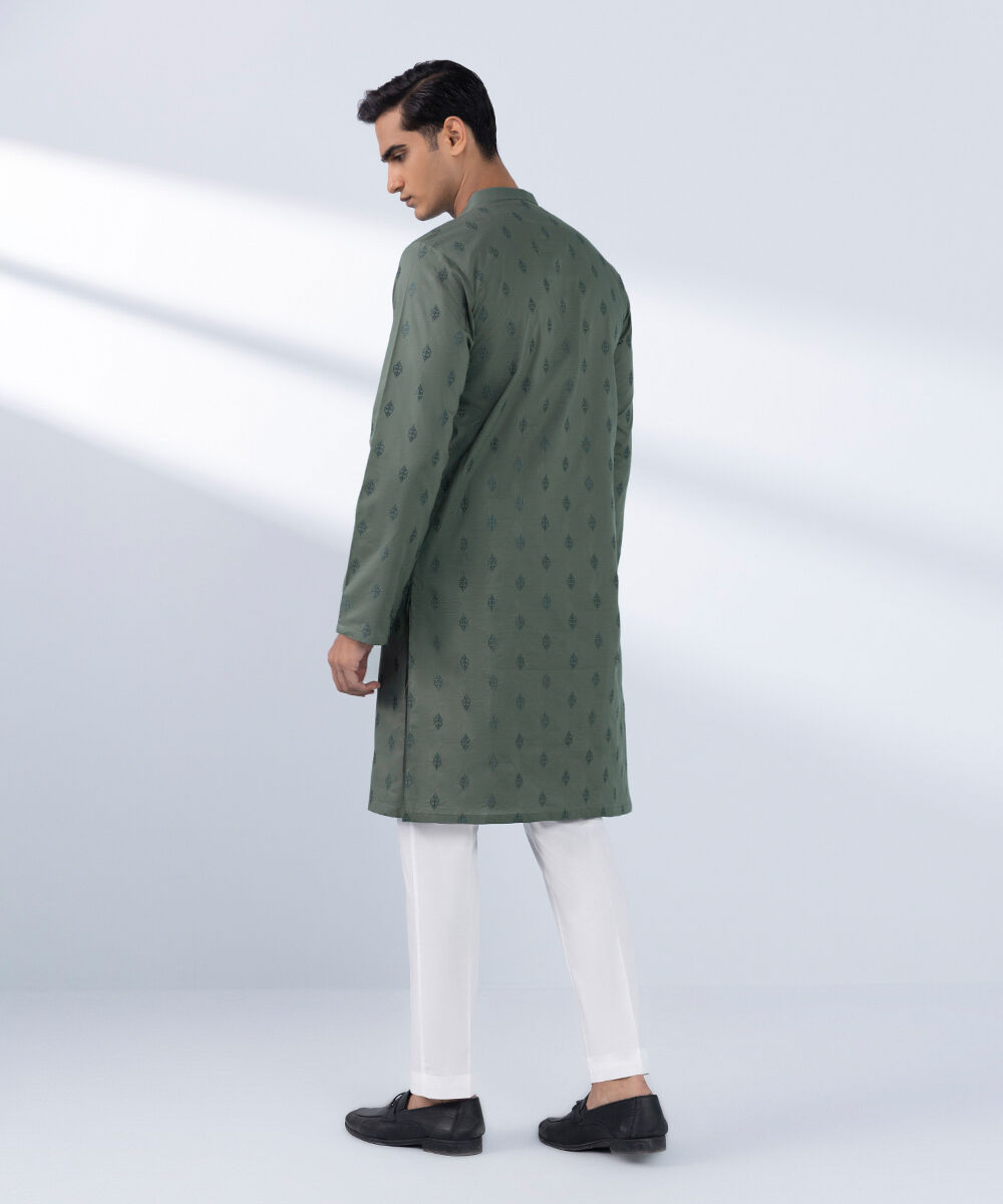 Men's Stitched Embroidered Green Kurta