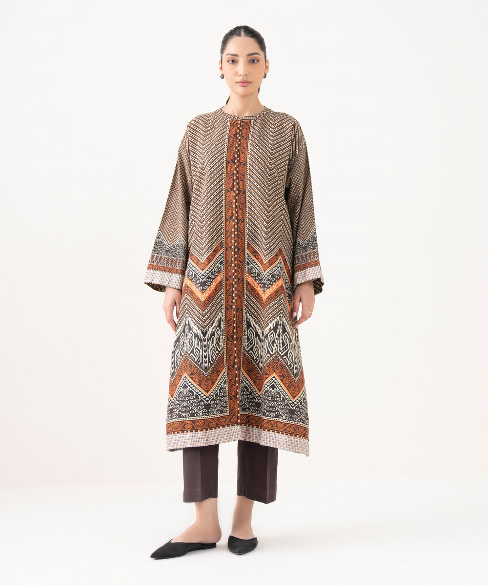 Women's RTW Cotton Embroidered Brown Front Open Shirt