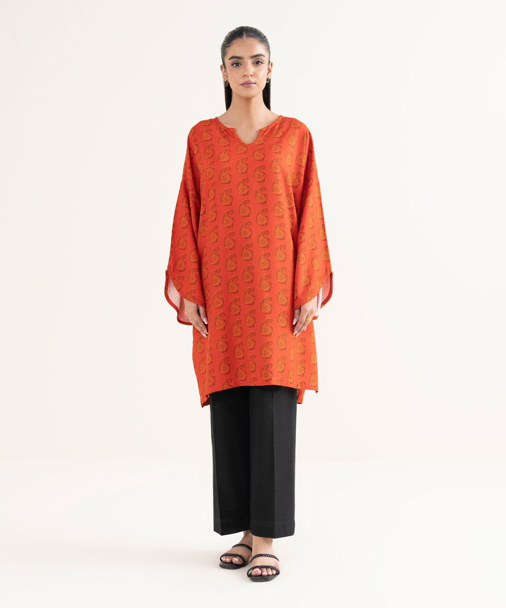 Women's RTW Cotton Printed Drop Shoulder Orange Shirt
