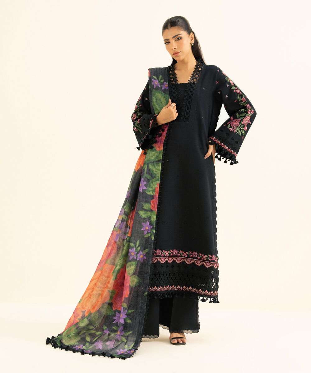 Women's Unstitched Dobby Embroidered BLACK 3 Piece Suit