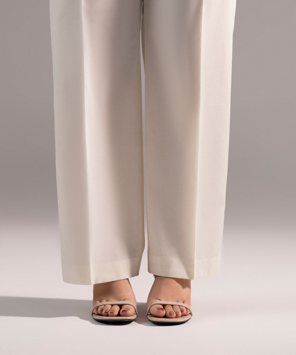 Women's RTW Cambric Solid Off White Straight Pants